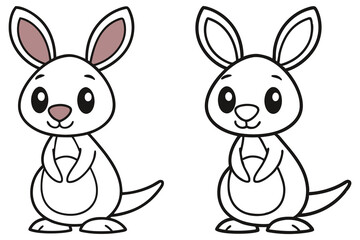 Adorable Cartoon Kangaroo Coloring Pages for Kids Featuring Two Cute Roo Illustrations One Colored and One Ready to Color