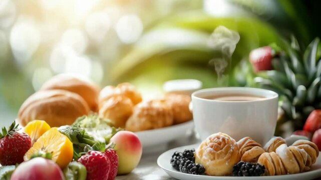 A plate of food and a cup of coffee sit on a table. The food includes pastries, fruit, and a sandwich. The coffee is steaming, and the table is surrounded by plants