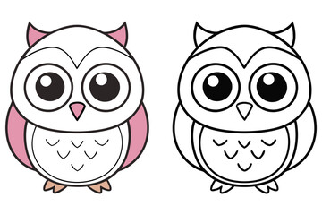 Adorable Cartoon Owls Coloring Page Illustration Featuring Two Cute Owls One with Pink Accents and One in Black and White