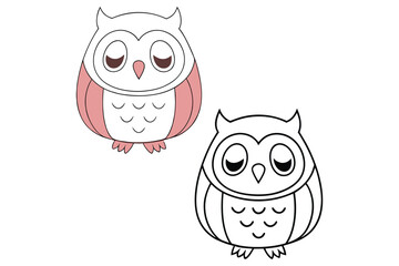 Adorable Sleepy Owls Coloring Page Illustration Two Cute Cartoon Owls One Colored Pink One Ready to Color