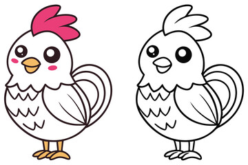 Adorable Cartoon Rooster Illustration Coloring Page Two Versions