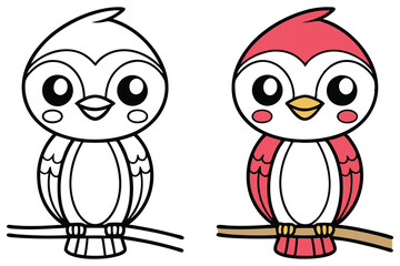Adorable Cartoon Bird Coloring Page Illustration Featuring a Cute Bird Perched on a Branch