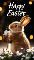 A digitally created image with a light brown Easter bunny holding a small woven basket filled with decorated Easter eggs. The bunny is surrounded by small white and purple flowers. "Happy Easter"
