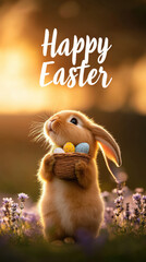 A digitally created image with a light brown Easter bunny holding a small woven basket filled with decorated Easter eggs. The bunny is surrounded by small white and purple flowers. "Happy Easter"