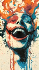 Joyful Abstract Portrait  A vibrant, expressive face laughs widely, paint splatters forming a dynamic background. Ideal for expressing happiness or creative freedom