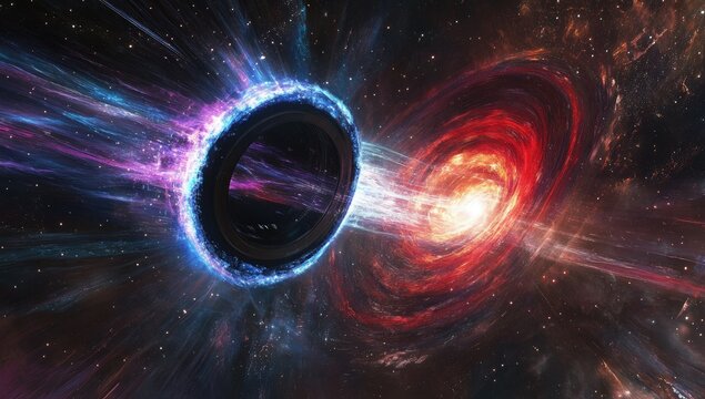 Cosmic vortex of a black hole.  A swirling vortex of space-time, with a ring-like structure and vibrant colors emanating from a black hole
