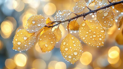 Dew-kissed autumn leaves gleam against a golden, blurred, bokeh-filled backdrop
