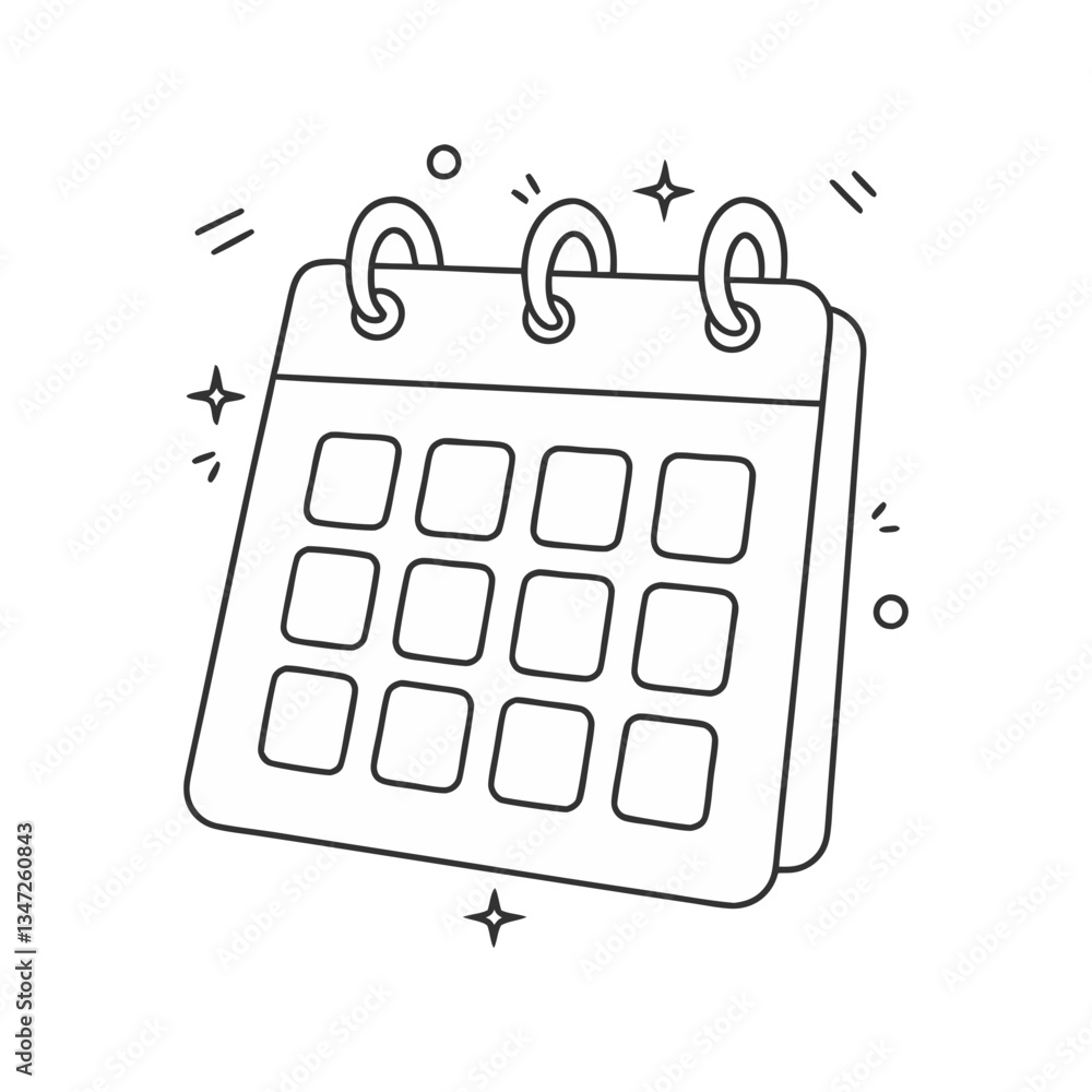 Poster desk calendar vector in minimal line art style, featuring a spiral-bound monthly planner with decora