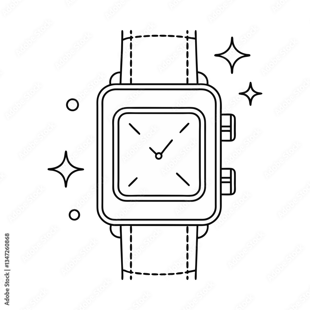 Poster square wristwatch vector in minimal line art style, featuring a classic design with decorative spark