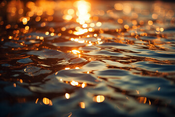 As sun gracefully ascends, casting its golden glow upon tranquil oasis, horizon becomes a canvas of vibrant hues, dancing reflections on glistening water, evoking a sense of rejuvenation and endless p
