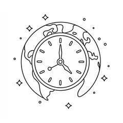 World clock vector in minimal line art style, featuring a clock overlaid on a globe with decorative sparkles for a global time concept.