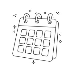 Desk calendar vector in minimal line art style, featuring a spiral-bound monthly planner with decorative sparkles for an organized and scheduling theme.