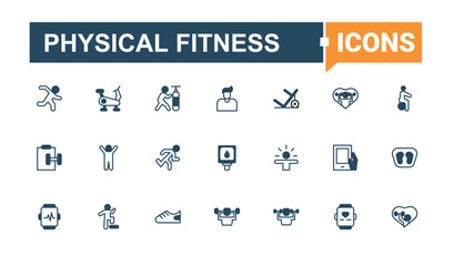 Physical Fitness icon set. Includes thin line symbols activity, lifestyle, workout, health, muscle and more. Fitness and Gym related icon. Thin line and solid style icons.
