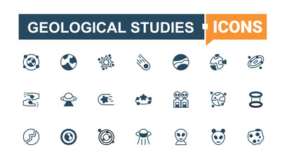 Geological Studies linear icon collection. Related to earth, geological, geography, ground. Geology related icon set. Modern linear icons. Editable vector art and illustration.