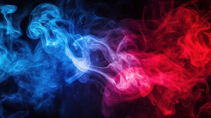 Swirling Red and Blue Smoke on Black Background with Backlit Effect