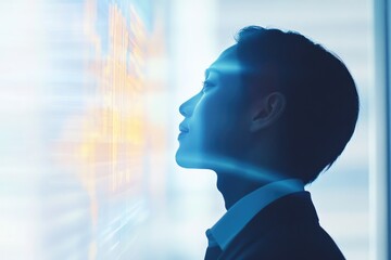 A businessman contemplates futuristic data streams, visualizing technological advancement and innovation.