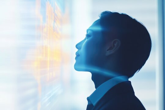 A businessman contemplates futuristic data streams, visualizing technological advancement and innovation. - Powered by Adobe