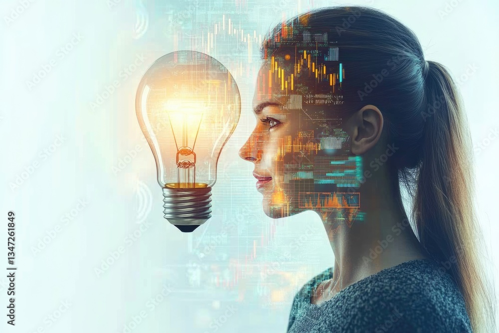 Aufkleber woman's profile overlaid with a glowing lightbulb and data visualizations, symbolizing innovation an
