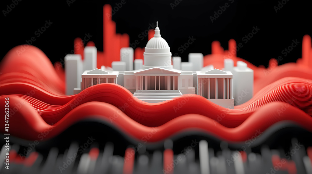 Poster white building on abstract red waves 3d render