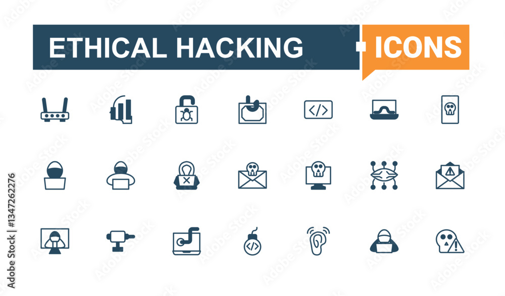 Poster ethical hacking icon set. includes symbols for hacker, fraud, security, crime, hack, cyber and more.