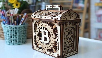 Steampunk Bitcoin Vault on Desk.