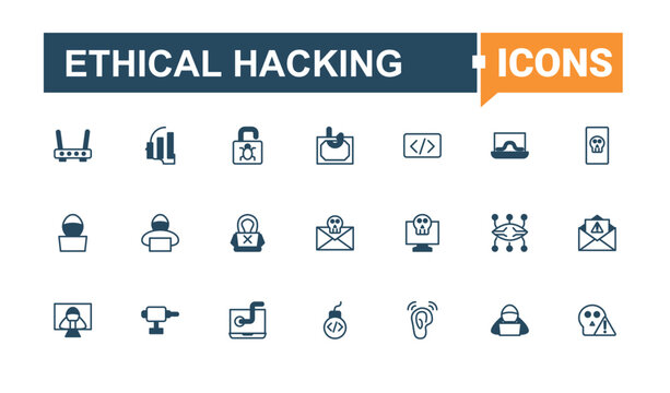 Ethical Hacking icon set. Includes symbols for hacker, fraud, security, crime, hack, cyber and more. Hacking linear icon. Icons for UI design. Outline and solid pictogram.