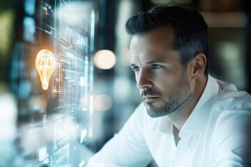 A man contemplates innovative ideas displayed on a futuristic digital interface, symbolizing technological advancement and creative problem-solving.