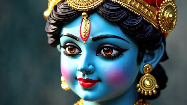 A detailed portrait of the Hindu god Krishna with blue skin and golden ornaments.
Concept of: Hindu deity.