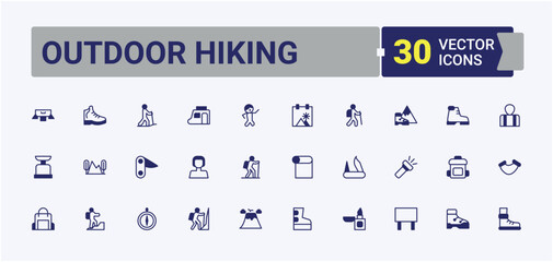Outdoor Hiking linear icon. Related to hike, vacation, trip, mountain, camping, campfire, travel and more. Hiking icon collection. Thin outline icons pack. Conceptual pictogram and infographic.