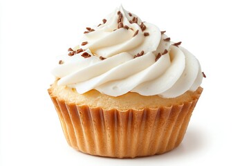 Delicious cupcake with white frosting and chocolate sprinkles