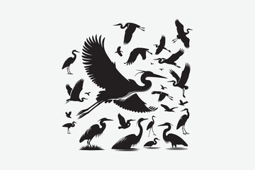 This collection of heron silhouettes showcases the birds in various activities such as flying, fishing, and resting. Designed in a minimalist black and white style