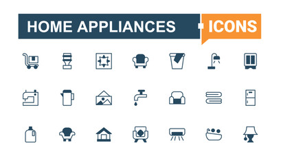Home Appliances simple icon set. Contains such icons as domestic, kitchen, washer, cook, household and more. Household Appliances icon set. Minimal icons set. Solid line editable stroke.