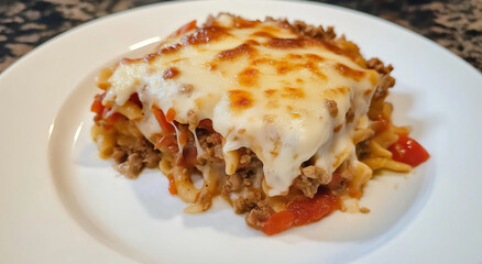 Delicioso Pastitsio grego com camadas de massa, cordeiro mo&iacute;do temperado, tomates saborosos e molho bechamel rico, tudo finalizado com queijo derretido em um prato branco imaculado