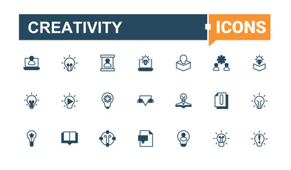 Creativity icon set. Included creative, intelligence, light, brain, brainstorm, innovation, ai and more. Idea linear icon. Modern thin line style icons. Vector line and solid icons.
