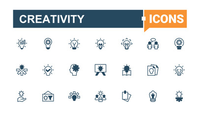 Creativity icon set. Included creative, intelligence, light, brain, brainstorm, innovation, ai and more. Idea linear icon. Modern thin line style icons. Vector line and solid icons.