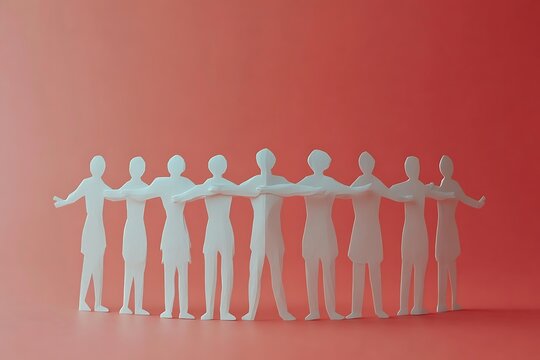 Paper People Teamwork Silhouette on Coral Background