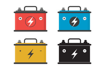 Set of car battery icons isolated on white background. Energy battery and electricity battery. Colorful accumulator car parts power supply.