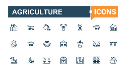 Agriculture related icon set. Contain linear sign veg, farming, land, plant, gardening and more. Farm And Farming linear icon collection. Conceptual pictogram and infographic.