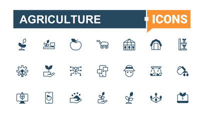 Agriculture related icon set. Contain linear sign veg, farming, land, plant, gardening and more. Farm And Farming linear icon collection. Conceptual pictogram and infographic.