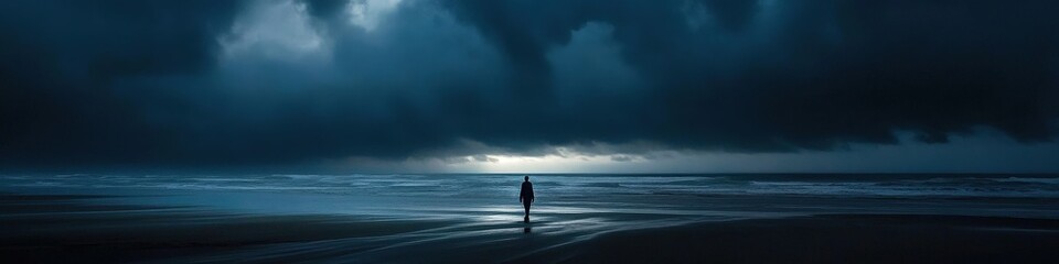 Coastal scene featuring a lone beachgoer beneath a gray sky.