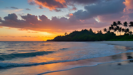 Fototapeta premium Tropical beach sunset landscape with colorful sky, palm trees and waves crashing on shore