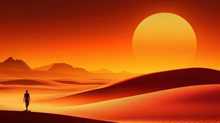 Fototapeta premium A person journeying through the golden sands as the sun sets.