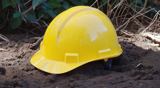 Capacete de seguran&ccedil;a amarelo e capacete de seguran&ccedil;a posicionados de forma proeminente em um canteiro de obras, enfatizando a seguran&ccedil;a da constru&ccedil;&atilde;o e a import&acirc;ncia do equipamento de prote&ccedil;&atilde;o 