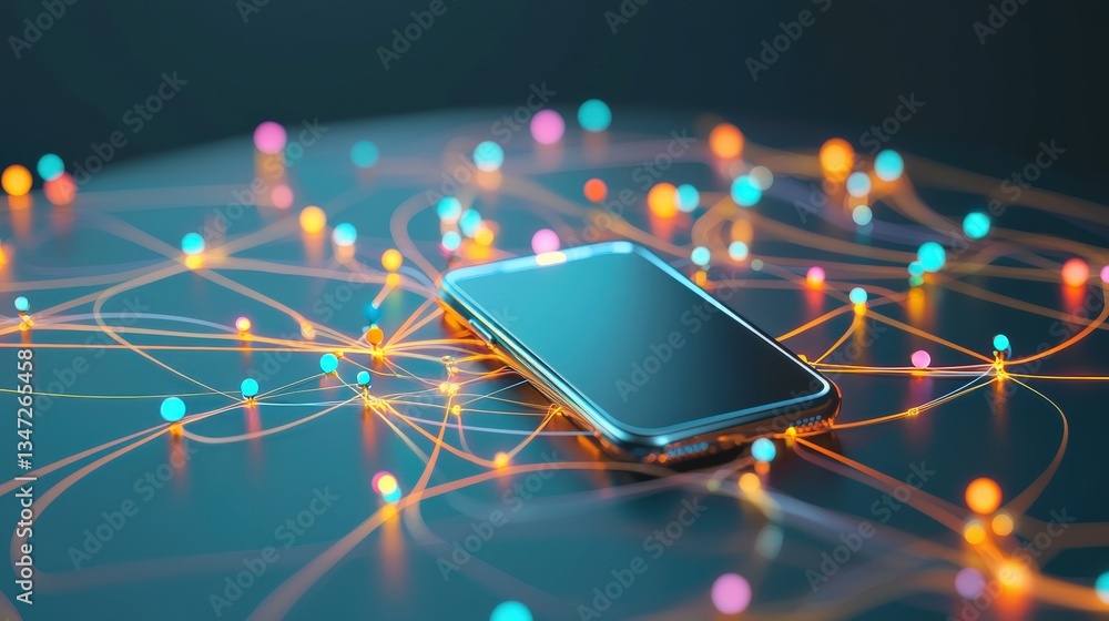 Poster creative delivery concept using a 3d smartphone and glowing paths