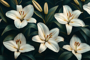 Fototapeta premium Beautiful white lilies blooming in lush green foliage