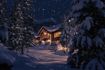 Fototapeta premium Snowy night chalet illuminated by lights, snowfall in winter forest
