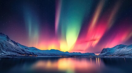 Naklejka premium Vibrant northern lights illuminating mountains and tranquil reflective water at night