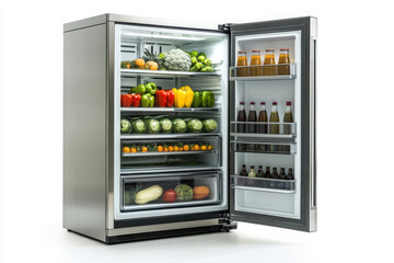 Open refrigerator showcasing fresh vegetables and bottled beverages on shelves in a well lit interior