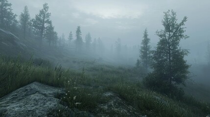 Misty mountain meadow scene, fog-shrouded forest. Possible use game environment