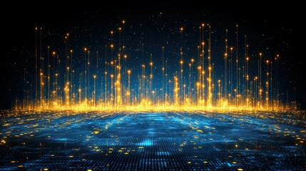 Digital city landscape of flowing golden light on blue textured background